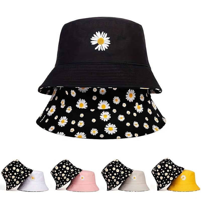Bucket Hat Embroidered - หมวกแก๊ปปีกสองด้านลายดอกเดซี่สำหรับผู้หญิงหมวกฮิปฮอปปานามาบ็อบพับได้หมวกชาวประมงชายหาดสำหรับผู้หญิงสำหรับฤดูร้อน