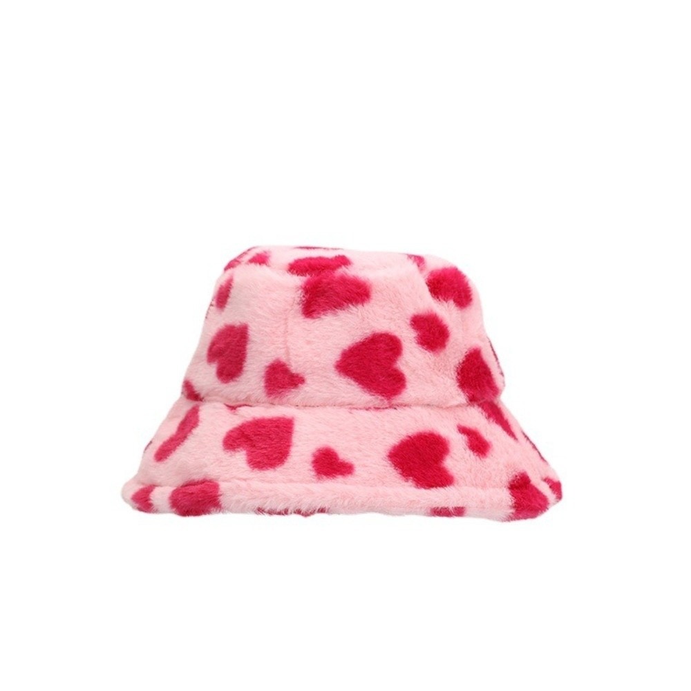 Bucket Hat Embroidered - หมวกชาวประมงขนเฟอร์เทียมน่ารัก หมวกบักเก็ตขนปุยหนานุ่มลายหัวใจ หมวกกันหนาวปีกกว้างสำหรับผู้หญิง
