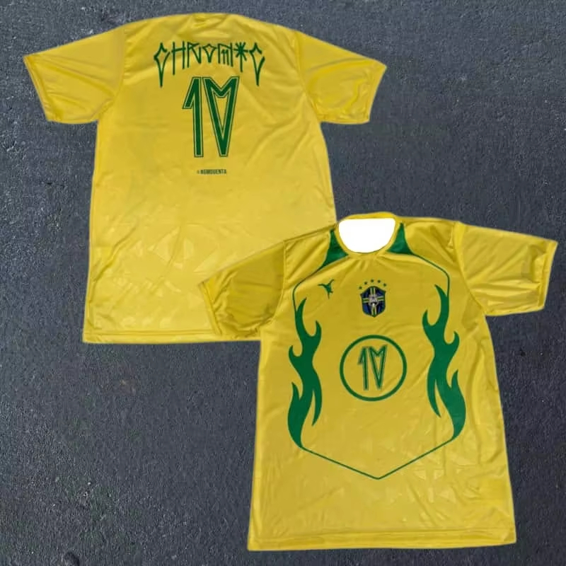 Street Fashion Brazil - เสื้อยืดลายพิมพ์สไตล์สตรีทสีเหลือง/ดำ ธีมบราซิล ประจำฤดูร้อนปี 2026 ผ้าตาข่ายระบายอากาศ แขนสั้น