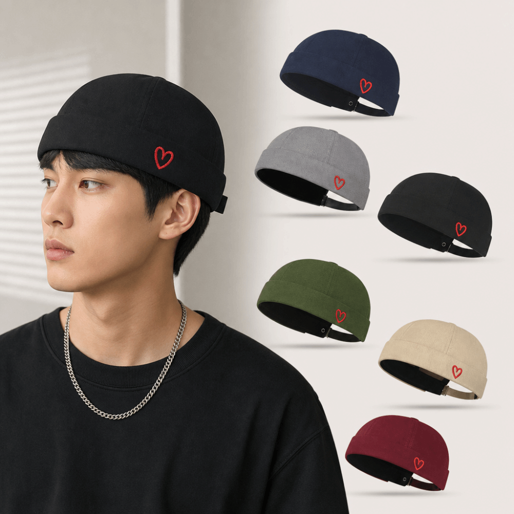 Bucket Hat Embroidered - หมวกปักลายหัวใจแฟชั่น ปรับขนาดได้ ระบายอากาศดี หมวกทรงแลนด์ลอร์ดสำหรับผู้ชาย หมวกบักเก็ตแบบไม่มีปีก สำหรับเดินทาง