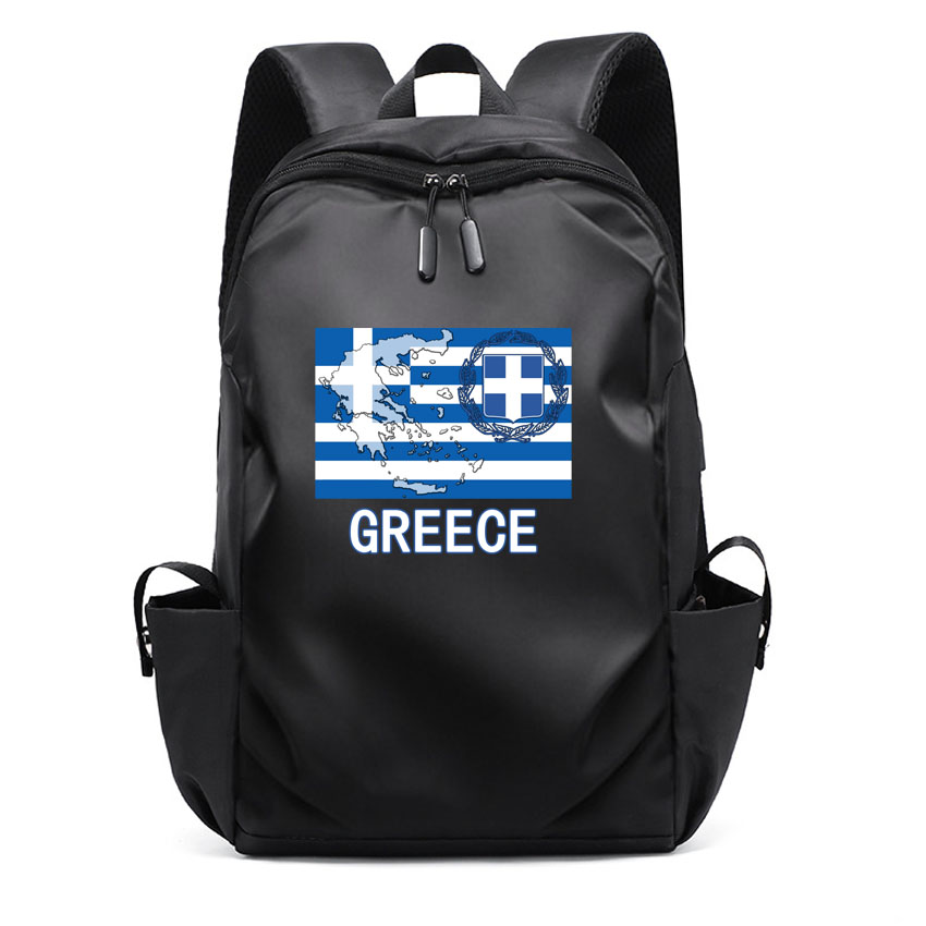 Street Fashion Greece - กระเป๋าเป้สะพายหลังลายแผนที่กรีซคุณภาพสูงสำหรับผู้ชายและผู้หญิง กระเป๋าเป้ไปโรงเรียนใส่แล็ปท็อปกันน้ำ พร้อมช่องเสียบ USB สำหรับชาร์จ