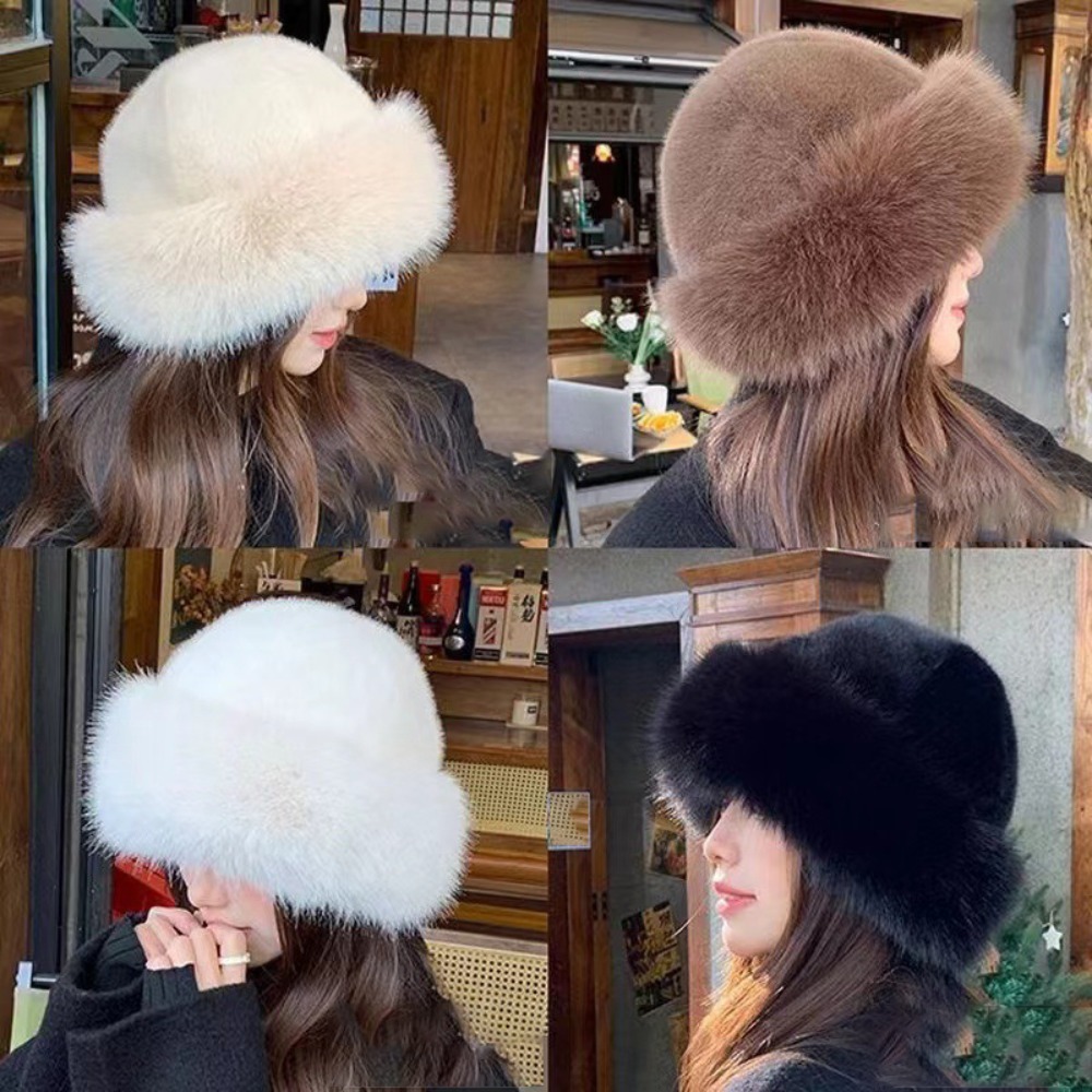 Bucket Hat Embroidered - หมวกบักเก็ตขนปุยสำหรับผู้หญิง หมวกชาวประมงขนนุ่มสำหรับฤดูหนาว หมวกหนาอุ่นสำหรับวันที่มีหิมะตก ของขวัญคริสต์มาส
