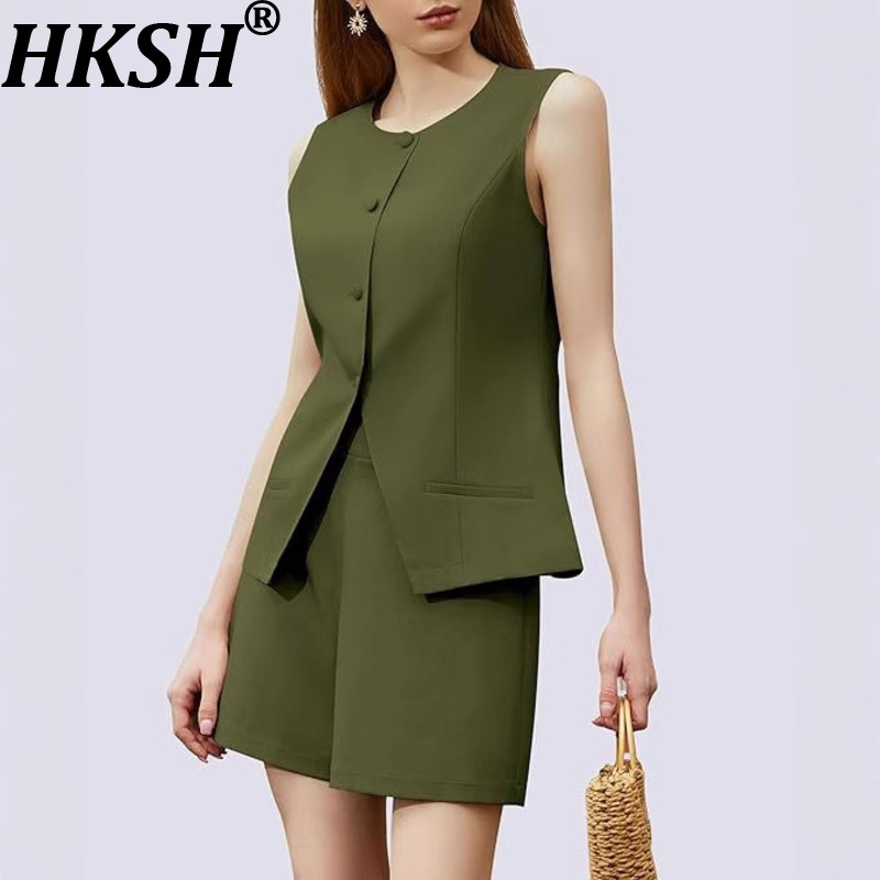 Street Fashion Vest - ชุดสูทผู้หญิง HKSH แฟชั่นหรูหรา ดีไซน์กระดุมเดี่ยว ตัดต่อผ้าอย่างประณีต เสื้อกั๊กทรงเข้ารูปไม่มีแขน
