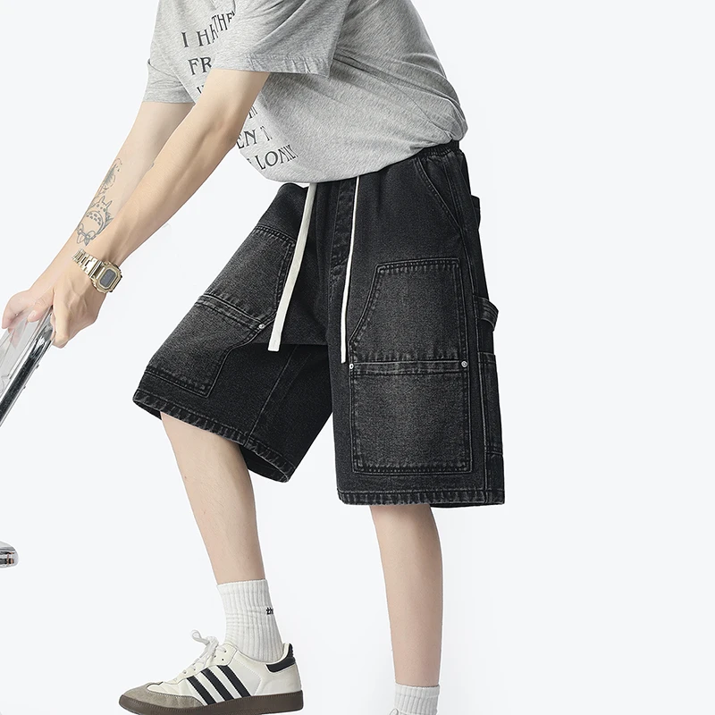 Street Fashion Hip Hop - อเมริกันแฟชั่น Street Workwear กางเกงยีนส์กางเกงขาสั้นฤดูร้อนบางหลวมสบายๆห้ากางเกง Harajuku สไตล์