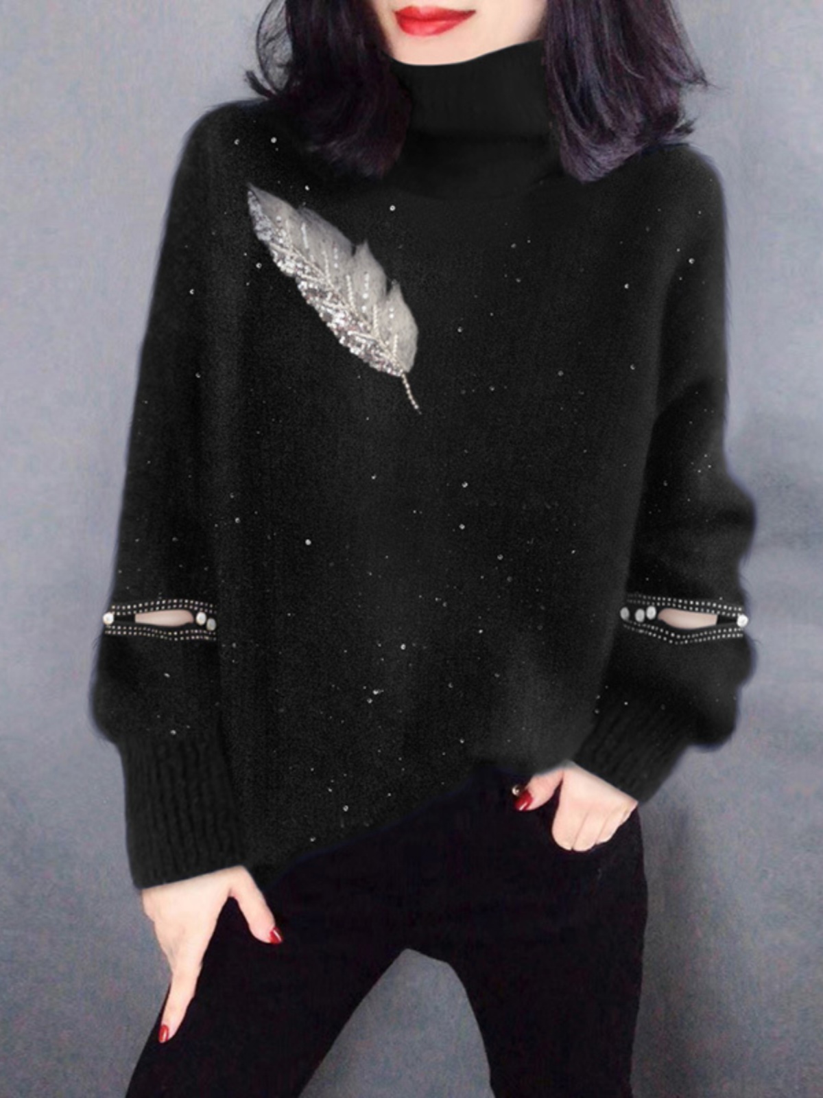เสื้อสเวตเตอร์ถักคอสูงสีดำสำหร - Street Fashion Outlet บทวิจารณ์และราคา