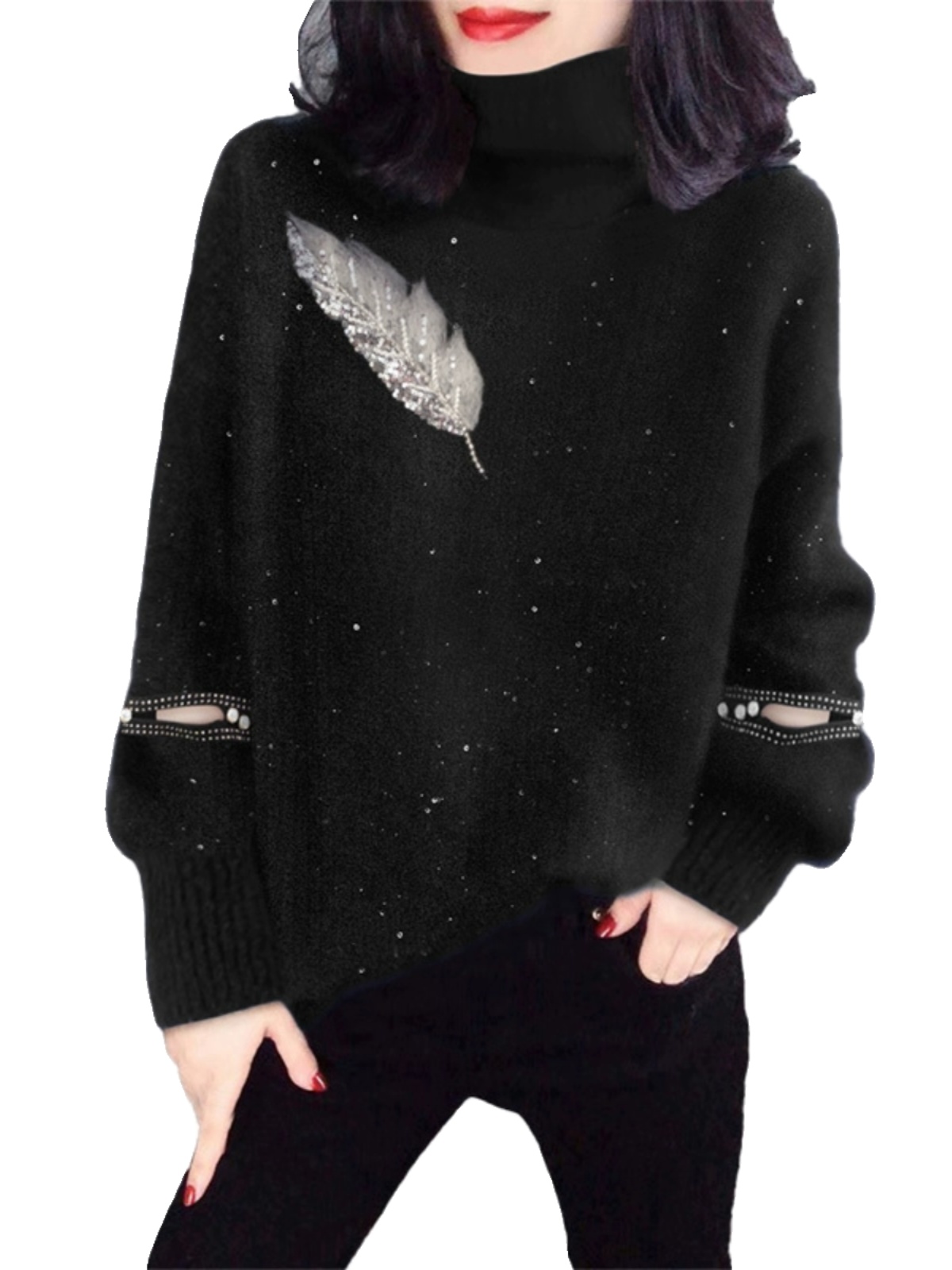 เสื้อสเวตเตอร์ถักคอสูงสีดำสำหร - Street Fashion Outlet บทวิจารณ์และราคา